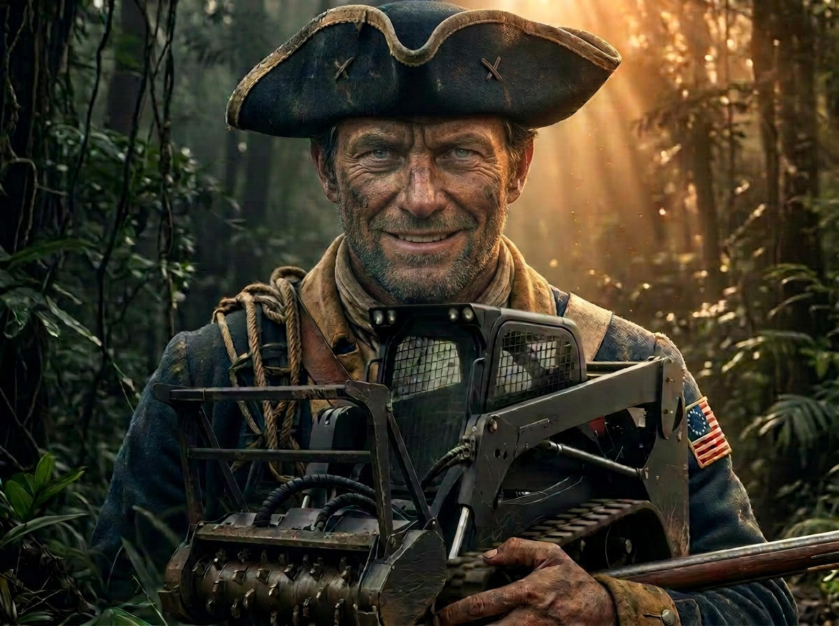 Revolutionary War soldier standing in a Carolina forest with a forestry mulching skid steer